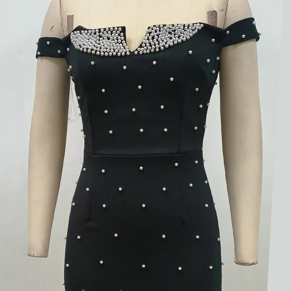 Pearl Trim Off Shoulder V Notch Beaded Gradient Hem Bodycon Midi Dress