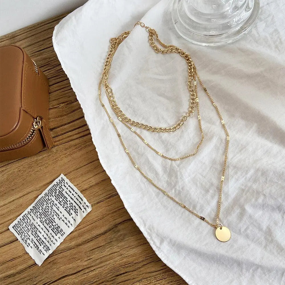 Layered Chain Coin Pendant Necklace