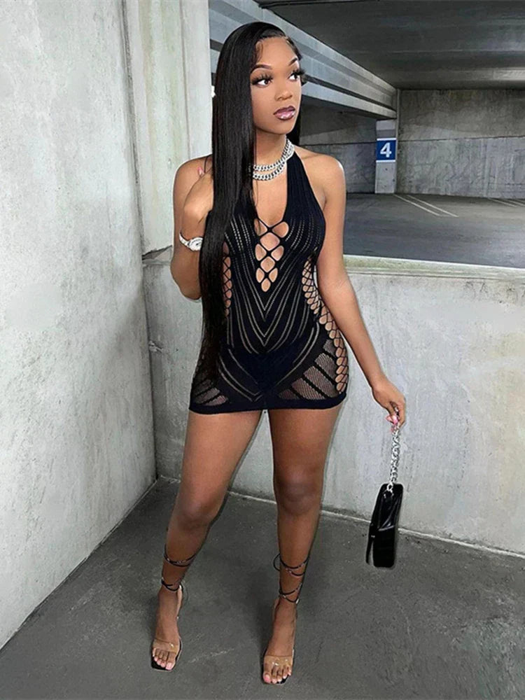 Mesh Halter Neck Lace Up Bodycon Mini Dress