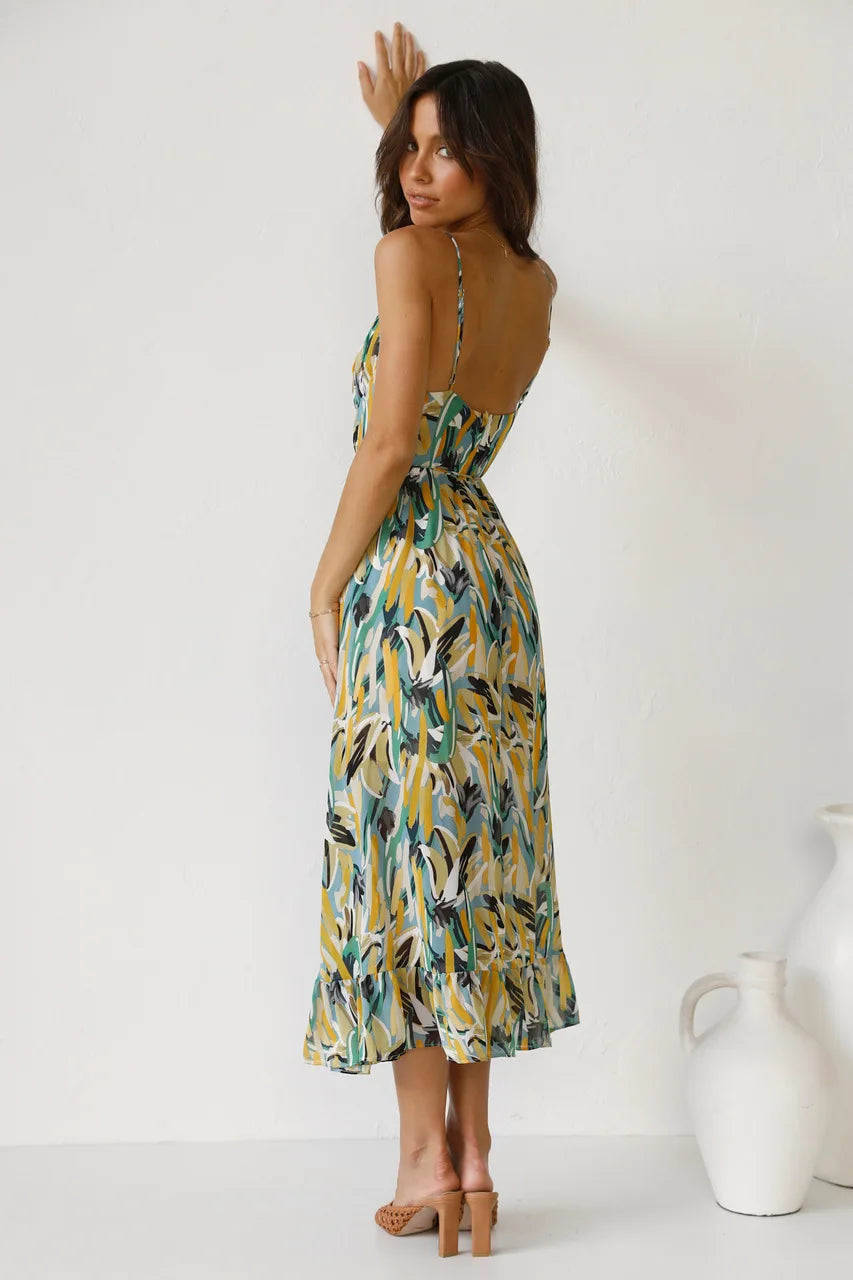 Abstract Print Spaghetti Strap V-Neck Midi Dress