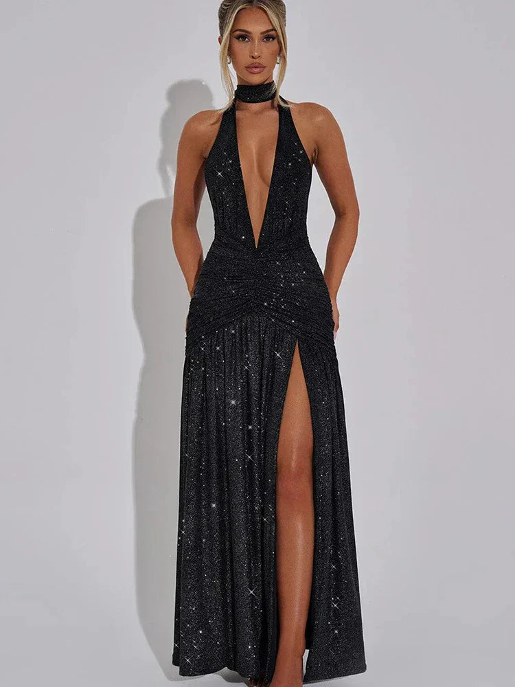 Glitter Strapless Bodycon High Split Party Midi Dress