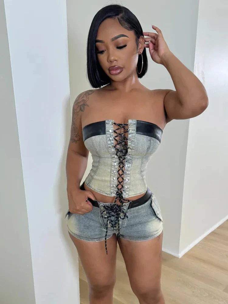 Denim Leather Edging Strapless Top Vintage Two Piece Shorts Set