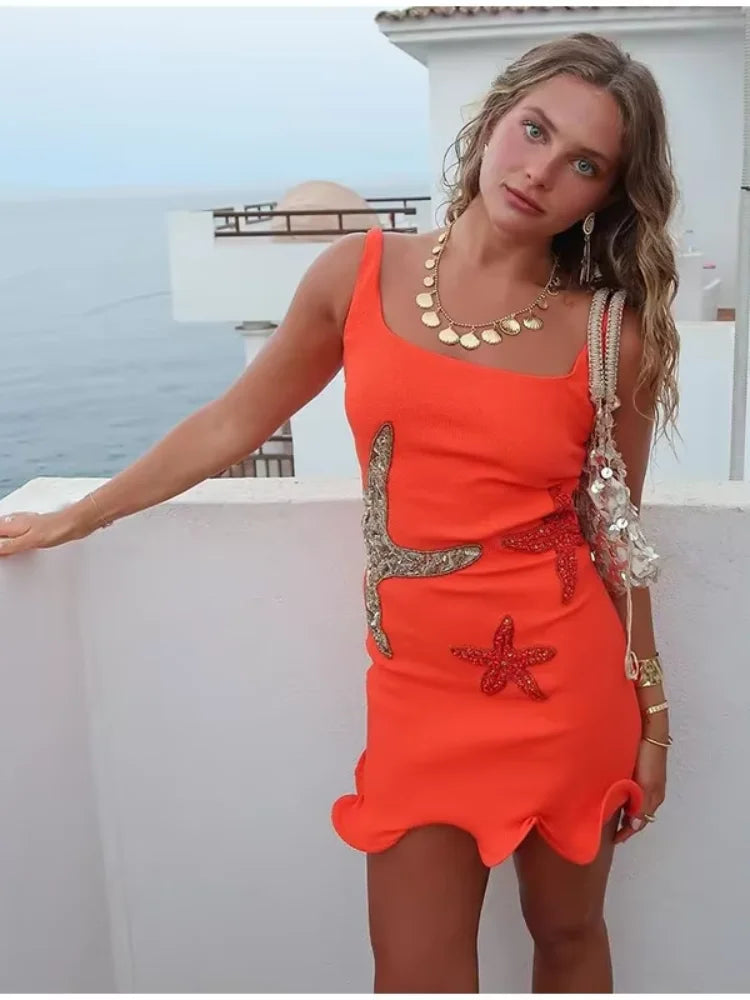 Sequin Starfish Square Neck Sleeveless Bodycon Mini Dress