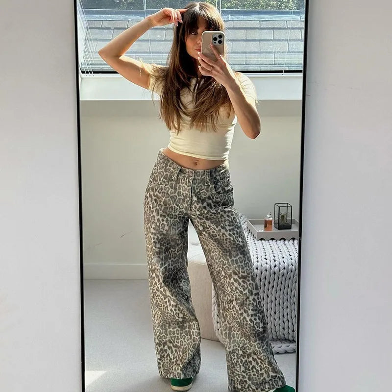 Leopard Print Low Waist Wide Leg Baggy Jeans 23