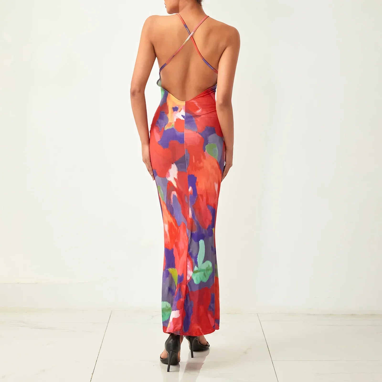 Lace Halter Deep V-Neck Bodycon Maxi Dress