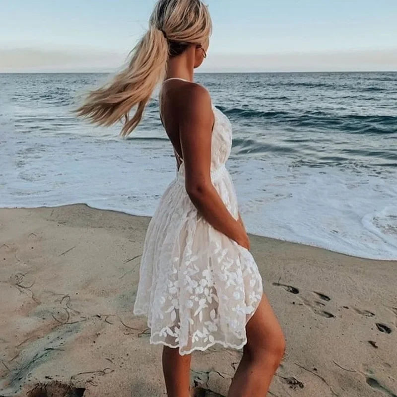 Embroidered Floral Mesh Deep V-Neck Spaghetti Strap Lace Trim Mini Dress 2