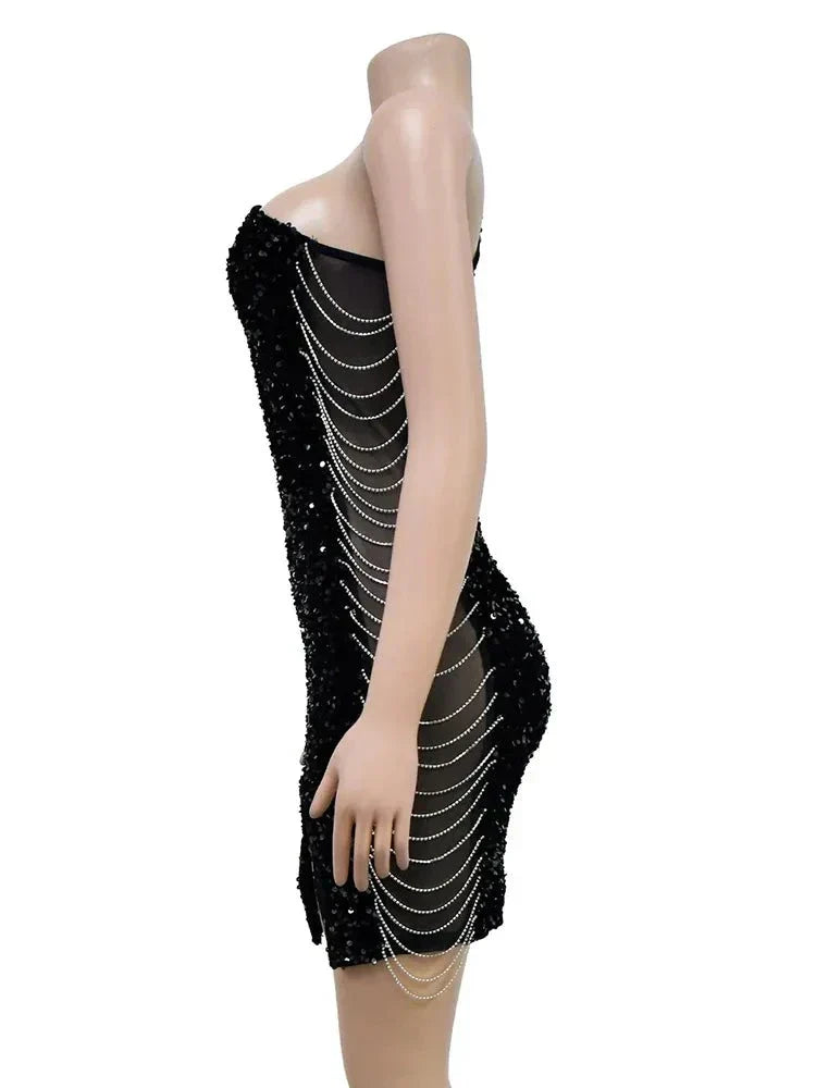 Sequin One Shoulder Long Sleeve Feather Trim Chain Fringe Hem Bodycon Mini Party Dress