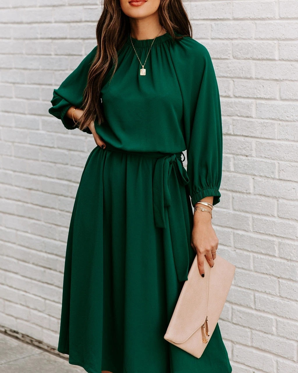 Mock Neck Long Sleeve Belted A-Line Midi Dress