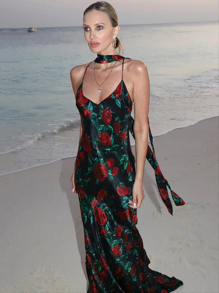 Halter Backless High Waist Floral Dress