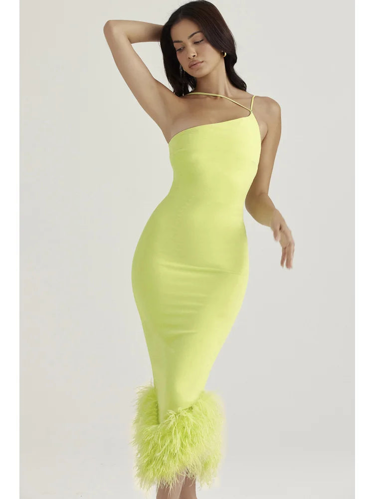 Elegant Spaghetti Strap Feather Midi Dress