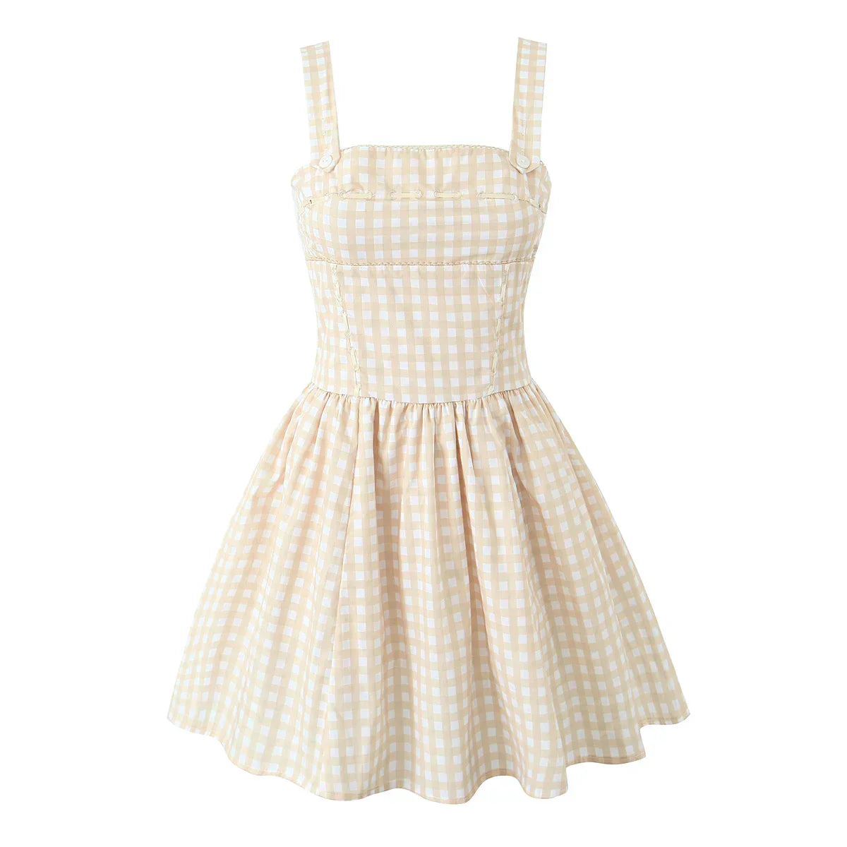 Gingham Print Square Neck Corset Paneled Pleated Fit and Flare Mini Dress