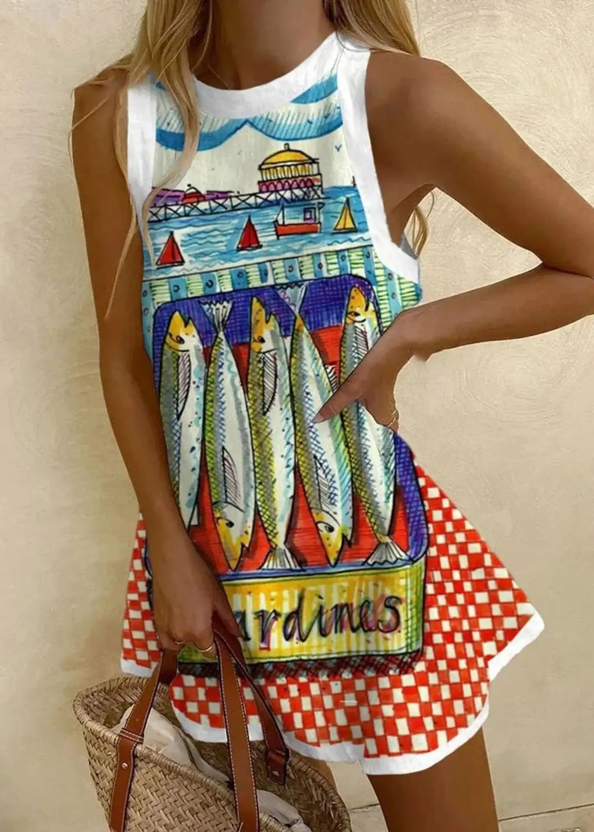 Sardine Print Sleeveless Round Neck Mini Dress