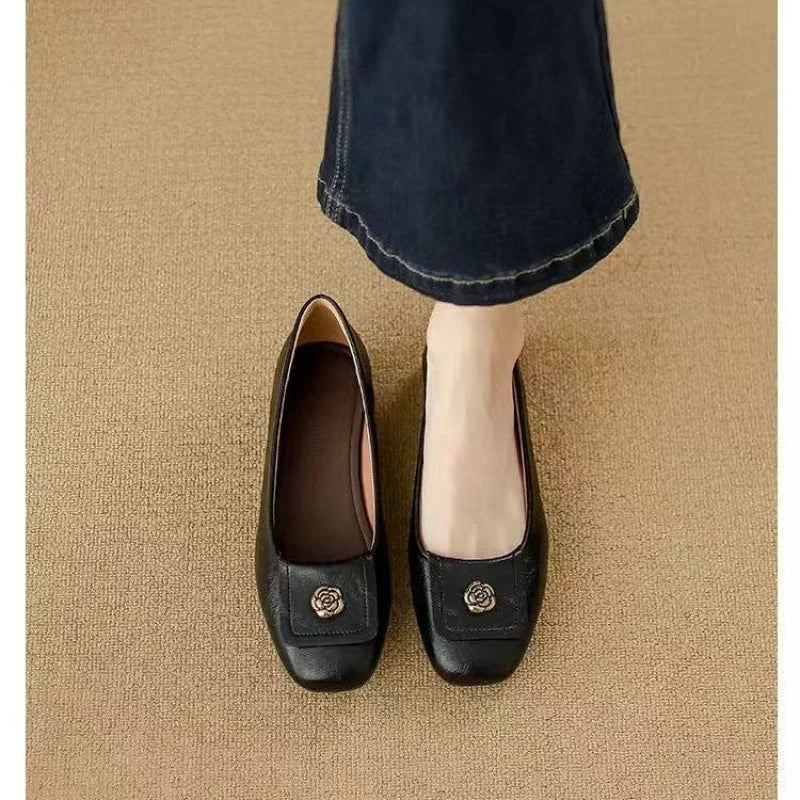 Square Toe Metal Flower Buckle Slip On Flats