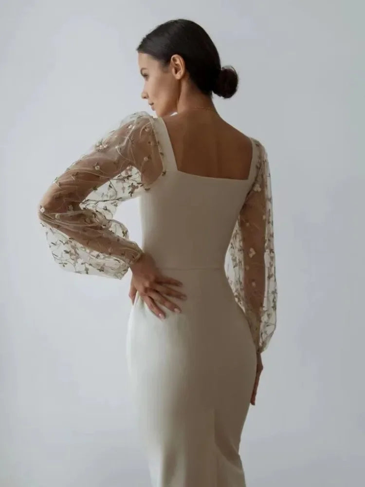 Square Neck Floral Puff Sleeve Bodycon Midi Dress