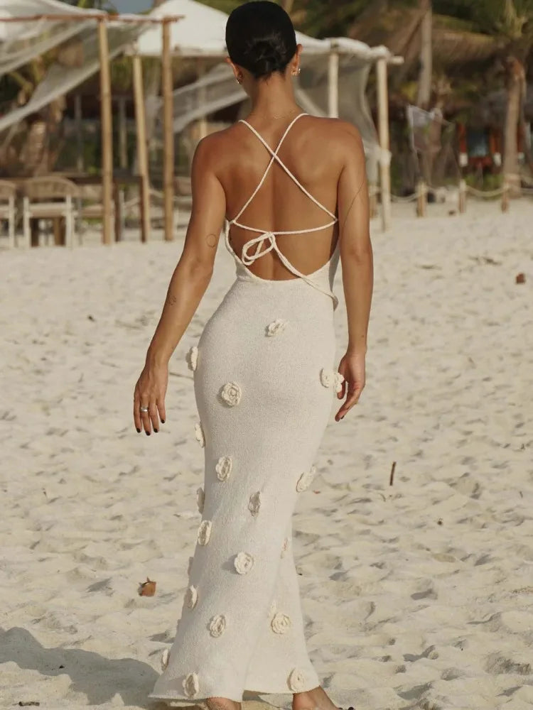 Knit V-Neck Spaghetti Strap Floral Applique Mermaid Maxi Dress
