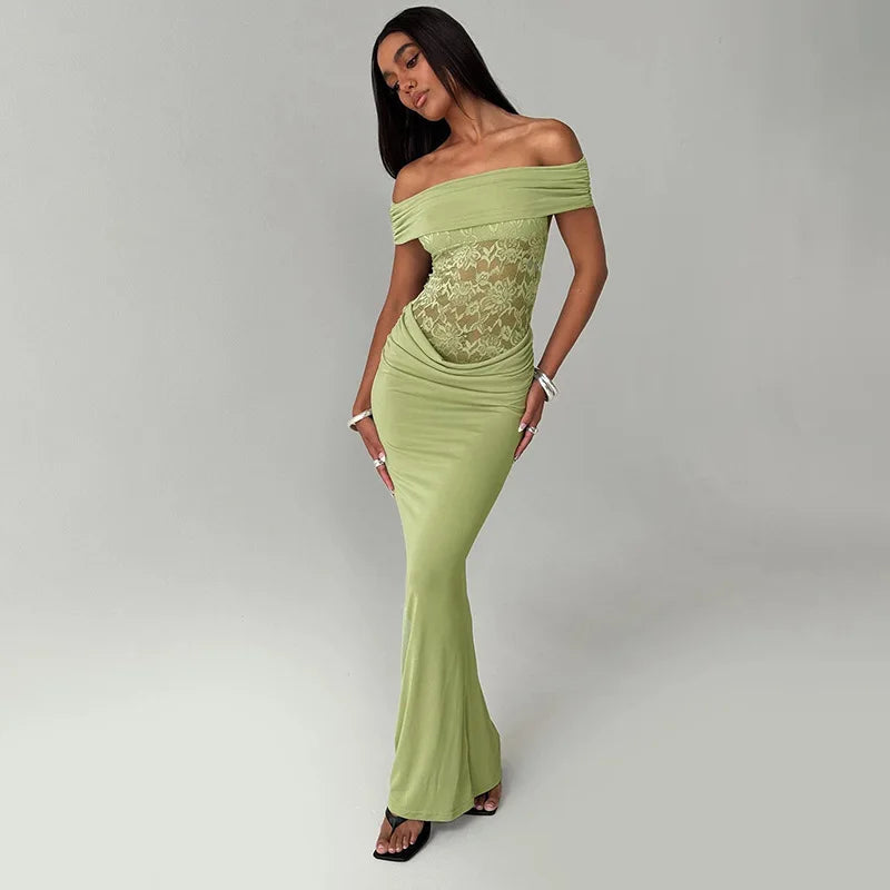 Off - shoulder Strapless Green Lace Sheer Long Dress - View 4