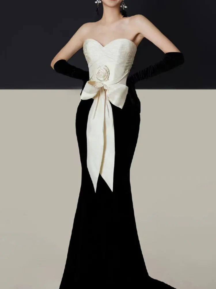 Velvet Strapless Sweetheart Bow Waist Patchwork Mermaid Maxi Gown