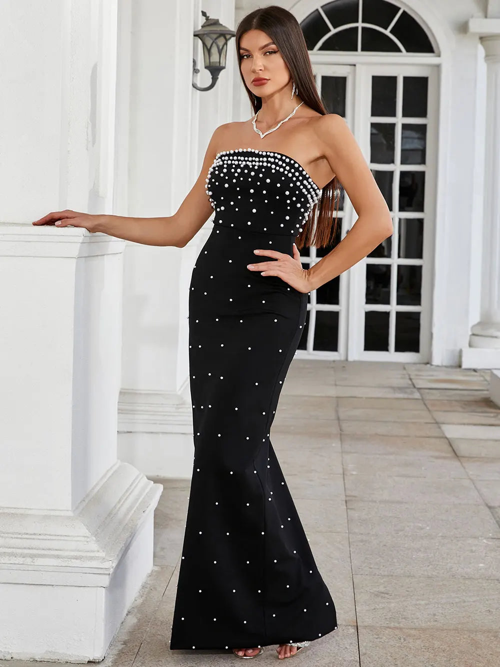 Pearl Embellished Strapless Tube Bodice Bodycon Maxi Gown