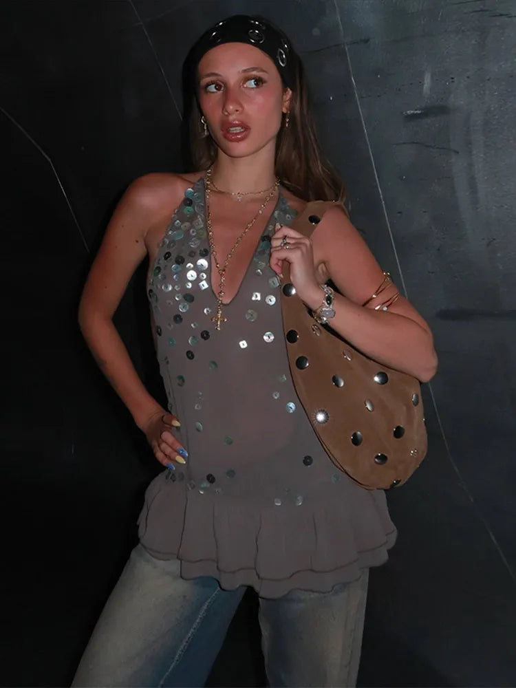 Sequin Halter Neck Cut Out Tiered Mini Dress