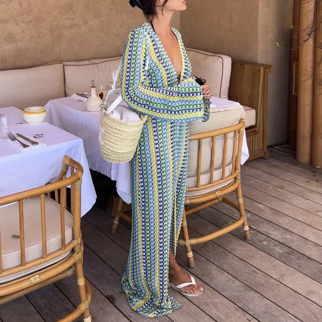 Crochet Deep V-Neck Bell Sleeve Scalloped Knit Maxi Dress