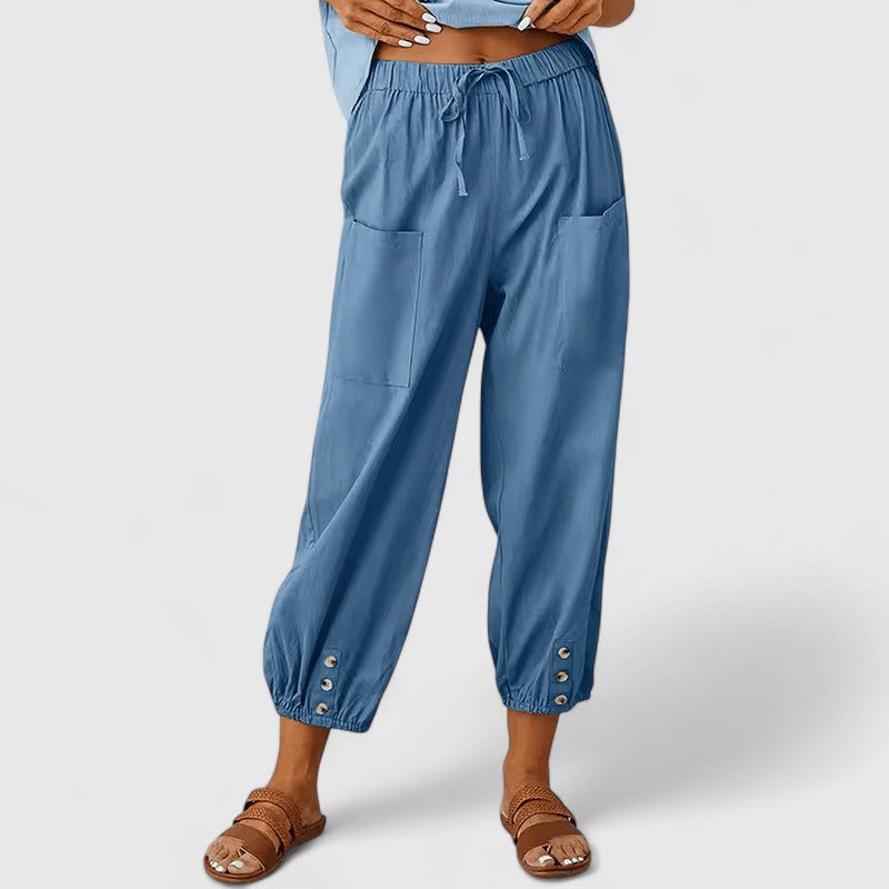 High Waist Drawstring Button Hem Cropped Pants