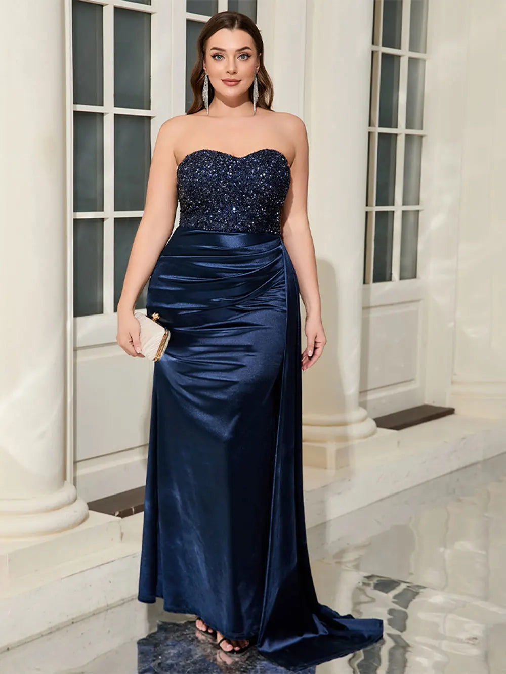 Sequin Strapless Sweetheart Ruched Draped Side Panel Satin Maxi Gown