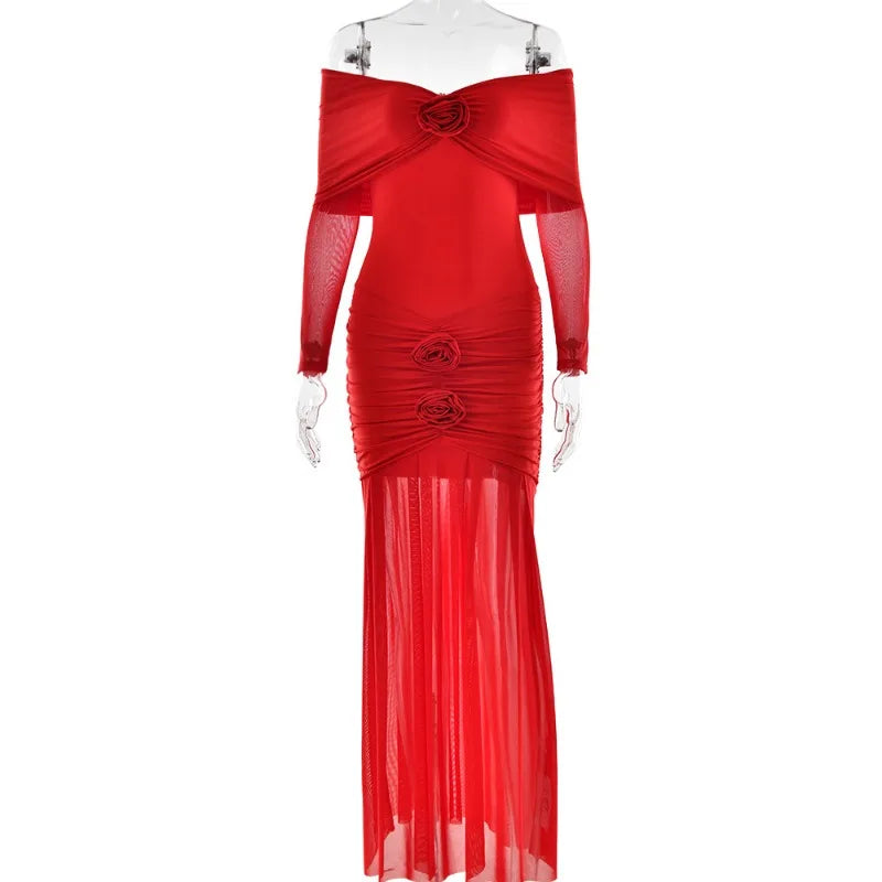 Off Shoulder Long Sleeve Rosette Mermaid Gown