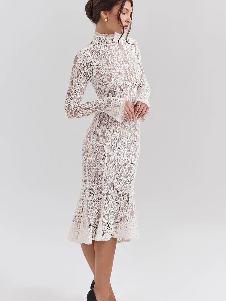 Lace High Neck Long Sleeve Mermaid Hem Bodycon Midi Dress 4