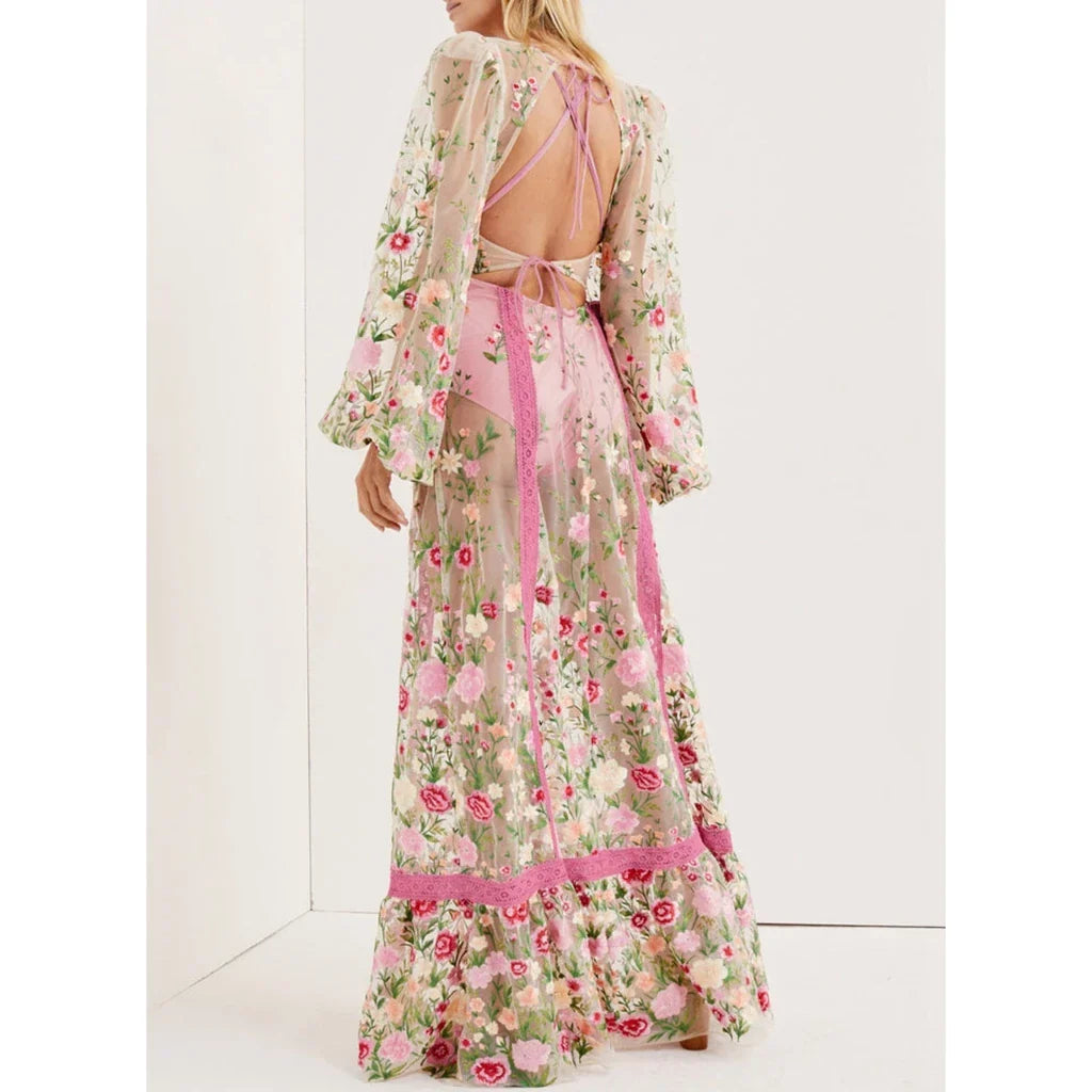 Floral Embroidery Mesh Bishop Sleeve Deep V-Neck Tie Front Tiered Maxi Gown