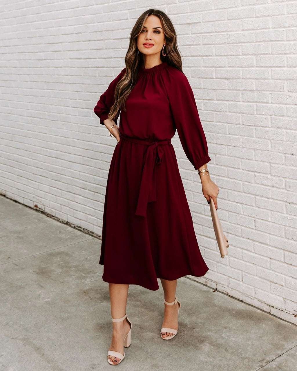 Mock Neck Long Sleeve Belted A-Line Midi Dress