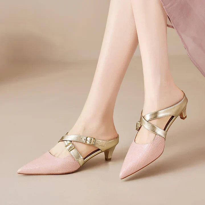 Pointed Toe Buckle Strap Slingback Kitten Heel Pumps