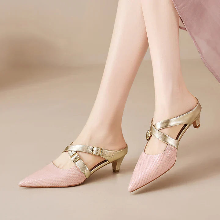 Pointed Toe Cross Ankle Strap Buckle Slingback Heels