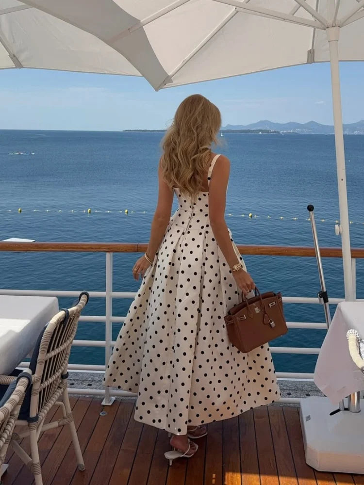 Polka Dot Square Neck Wide Strap A-Line Maxi Dress