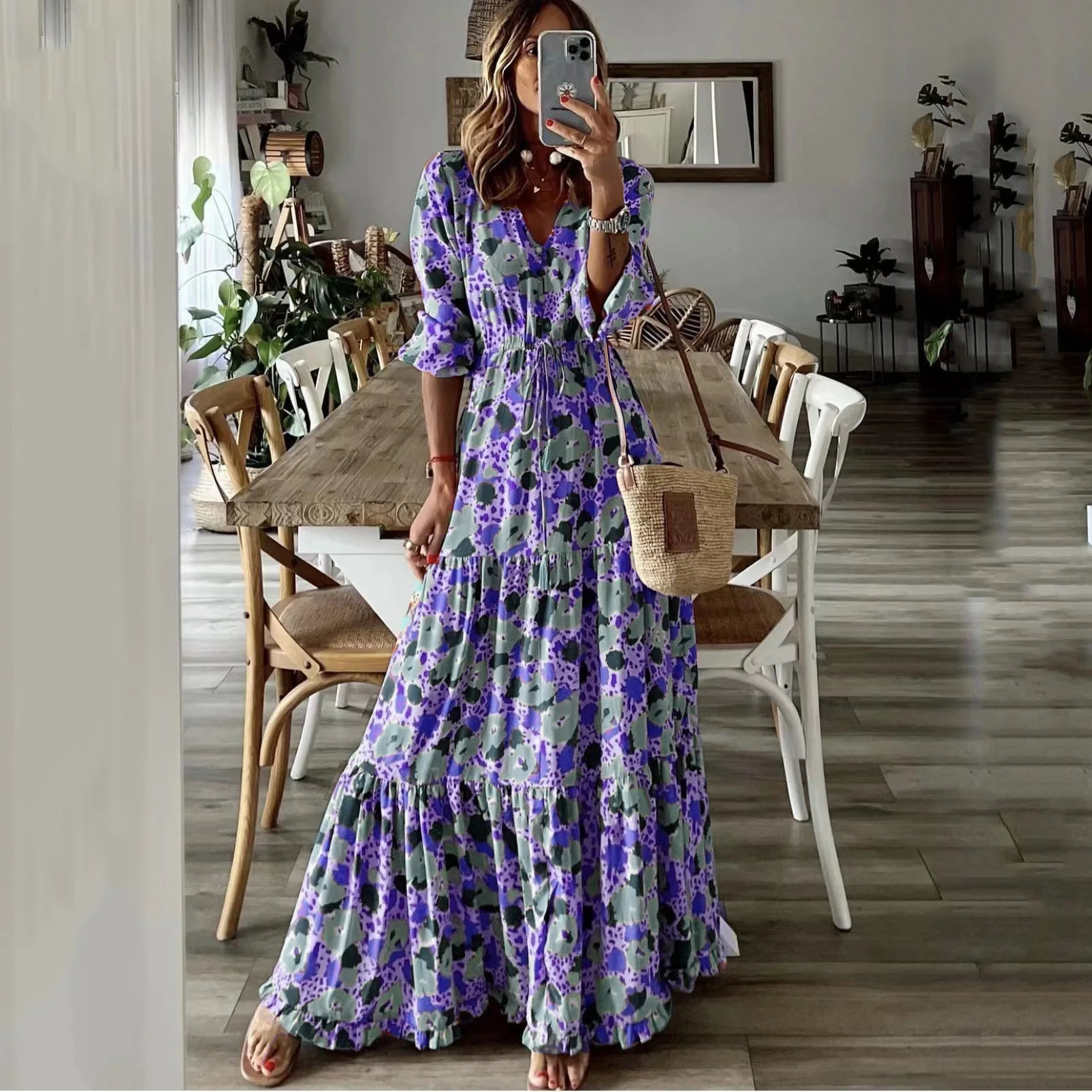 Printed Lace Up Swing Maxi Dress - View 4