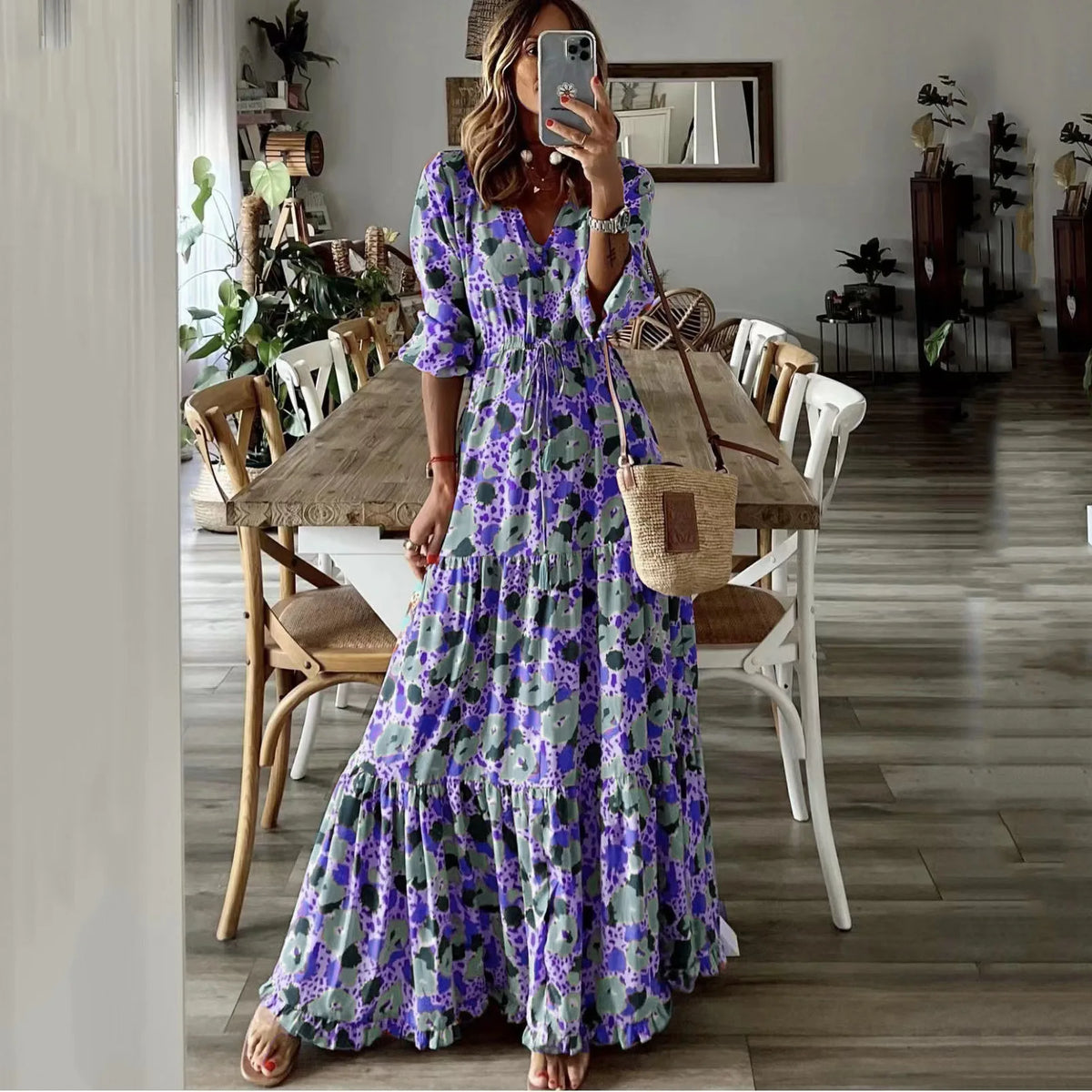 Printed V-Neck Ruffle Sleeve Drawstring Waist Tiered Maxi Dress 4