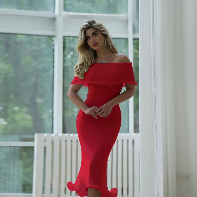 Off Shoulder Fold Over Knit Ruffle Hem Bodycon Midi Dress 14