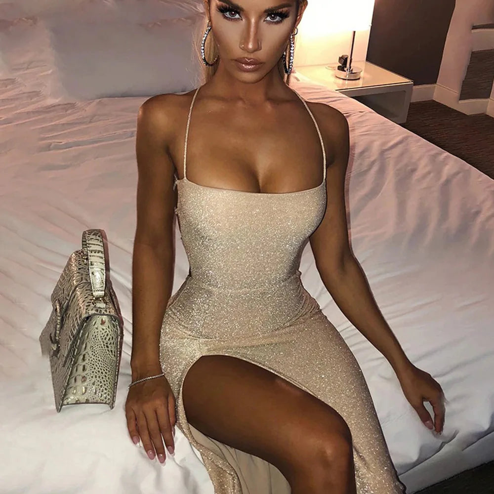 Glitter Spaghetti Strap Square Neck High Split Bodycon Maxi Dress