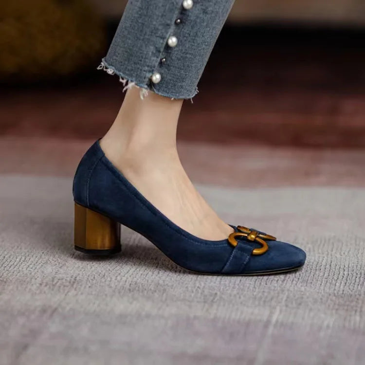 Suede Look Square Toe Metal Buckle Block Heel Pumps