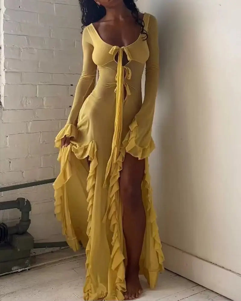 Ruffled Edition Slit Vneck Maxi Dress