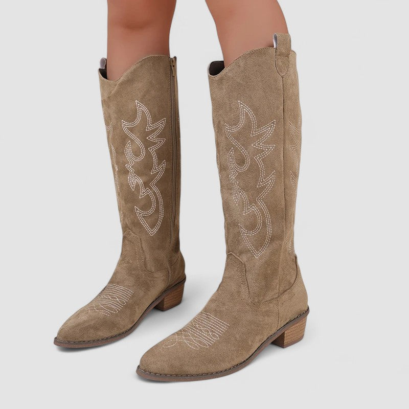 Embroidered Pointed Toe Western Knee High Boots