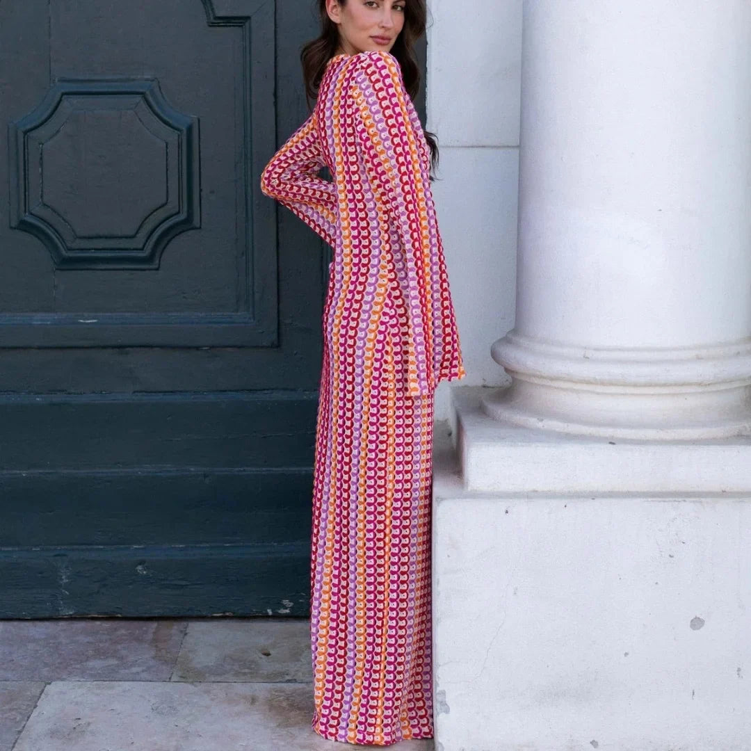 Crochet Deep V-Neck Bell Sleeve Scalloped Knit Maxi Dress