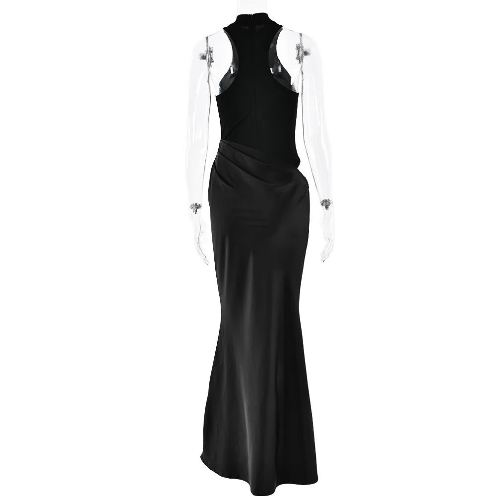 Halter Neck Sleeveless Ribbed Bodice Draped Waist Satin Maxi Gown