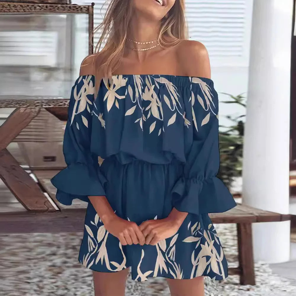 Slash Neck Flare Sleeve Mini Floral Dress