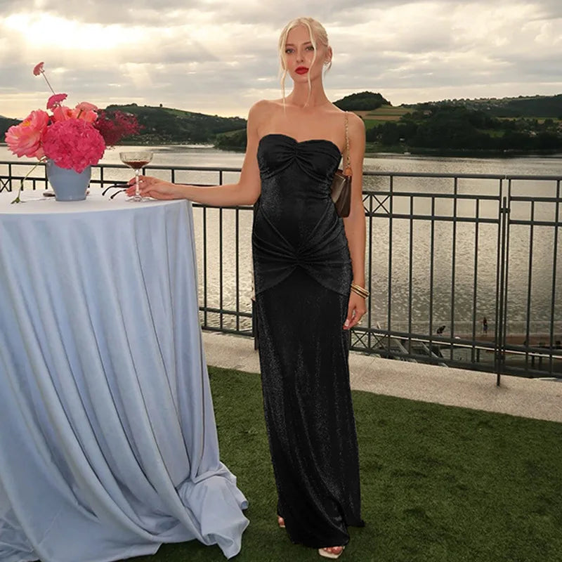 Metallic Strapless Ruched Twist Front Column Maxi Dress