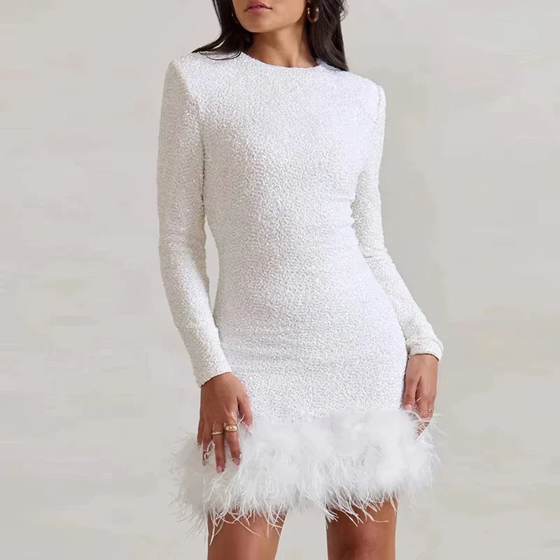 Long Sleeve Slim Sequins Feather Dress