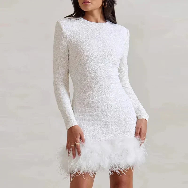 Sequin High Neck Long Sleeve Feather Trim Bodycon Mini Dress - View 11