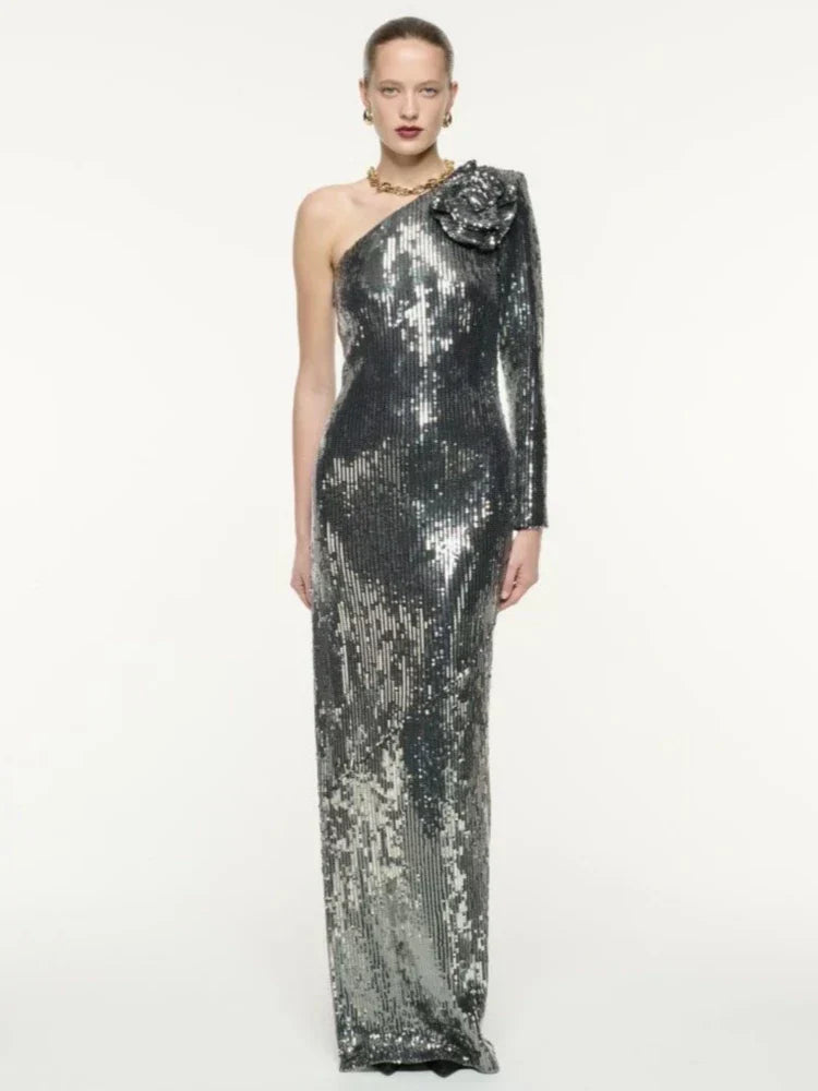 Sequin One Shoulder Long Sleeve Rosette Bodycon Maxi Dress