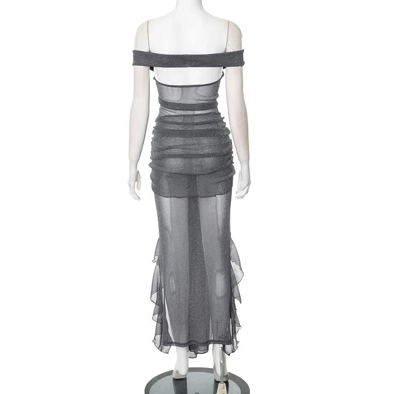 Mesh Ruffled Gray Off - shoulder Long Dress - View 11