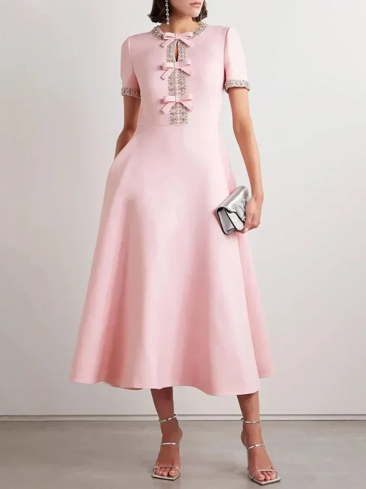 Rhinestone Trim Bow Detail Keyhole Neck Short Sleeve A-Line Midi Dress