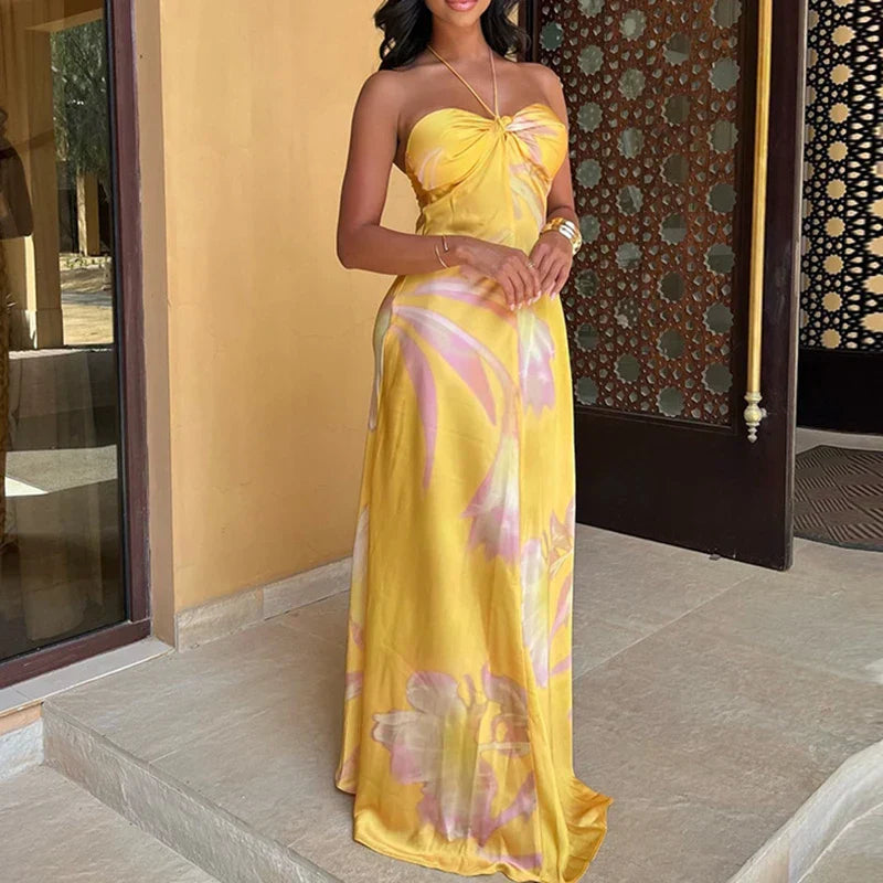 Satin Halter Neck Twist Front Slim Maxi Dress